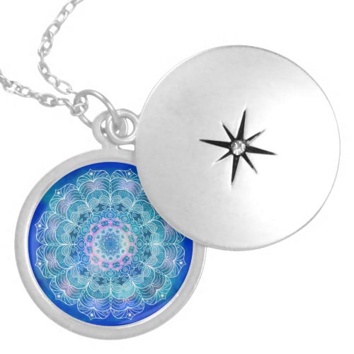 Mandala White Outline blue Watercolor _  Locket Necklace