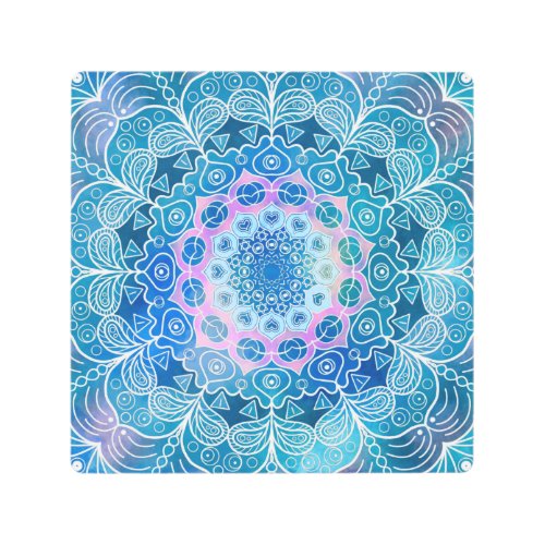 Mandala White Outline blue Watercolor _  Metal Print