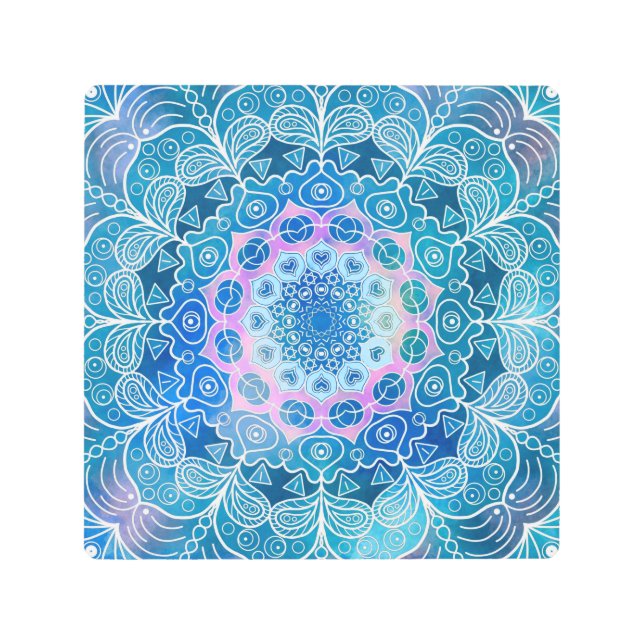 Mandala White Outline blue Watercolor -  Metal Print (Front)
