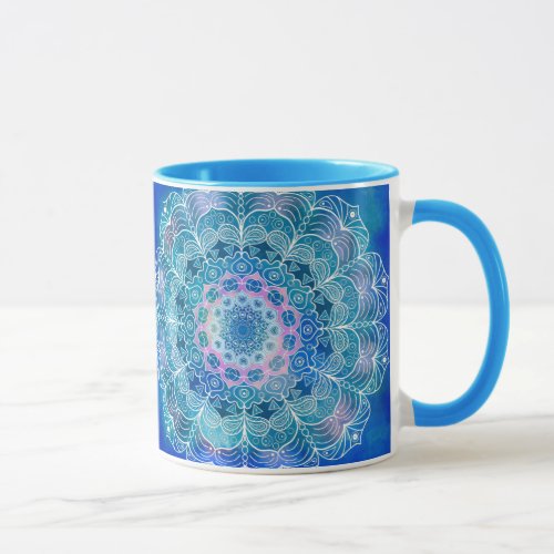 Mandala White Outline blue Watercolor _  Mug