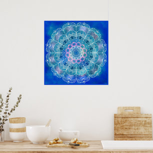 Mandala White Outline blue Watercolor - Poster