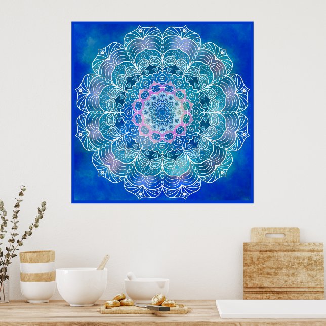 Mandala White Outline blue Watercolor -  Poster (Kitchen)