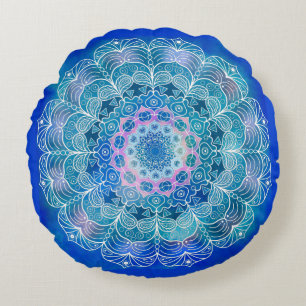 Mandala White Outline blue Watercolor - Round Pillow