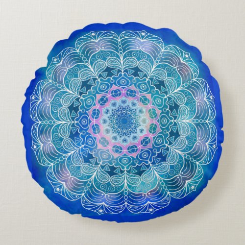 Mandala White Outline blue Watercolor _  Round Pillow