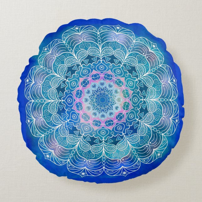Mandala White Outline blue Watercolor -  Round Pillow (Front)