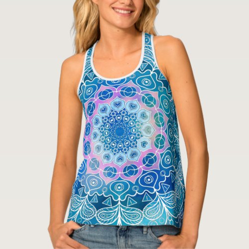 Mandala White Outline blue Watercolor _  Tank Top