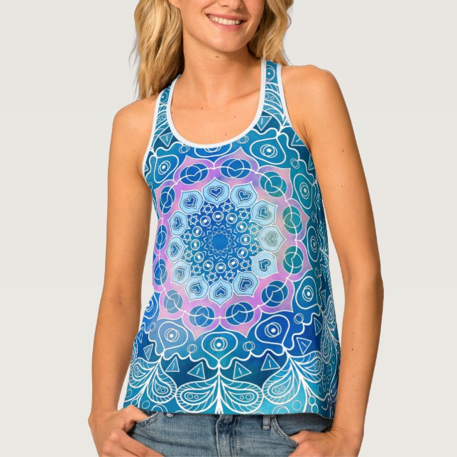 Mandala White Outline blue Watercolor -  Tank Top (Front)