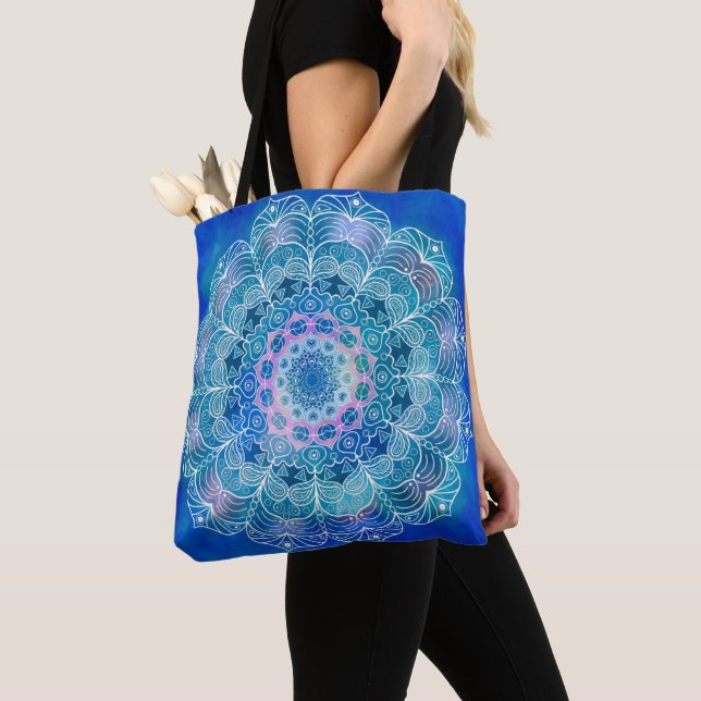 Mandala White Outline blue Watercolor -  Tote Bag (Close Up)