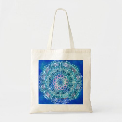 Mandala White Outline blue Watercolor _  Tote Bag