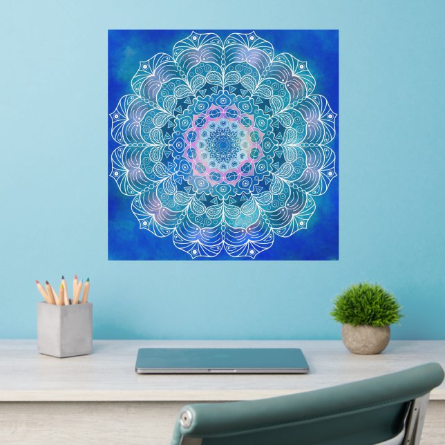 Mandala White Outline blue Watercolor -  Wall Decal (Home Office 2)
