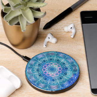 Mandala White Outline blue Watercolor - Wireless Charger
