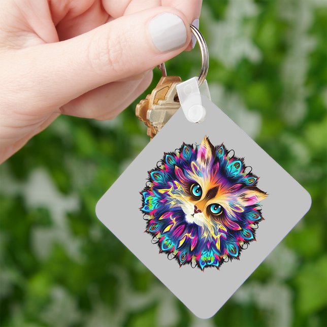 Mandala with cute furry Cat portrait  Keychain (Mandala with cute furry Cat portrait. Keychain)