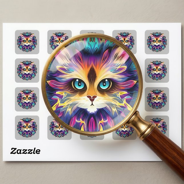Mandala with cute furry Cat portrait  Square Sticker (Mandala with cute furry Cat portrait. Square Sticker)