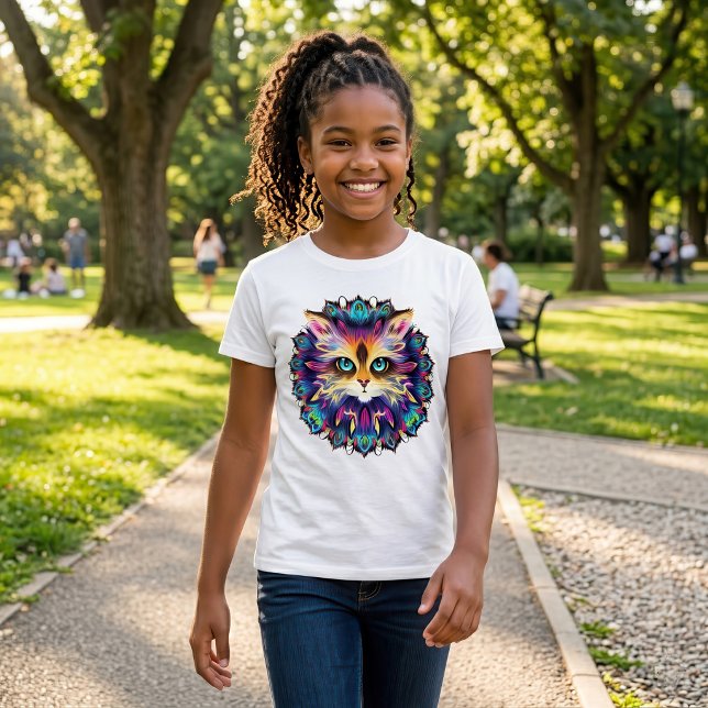 Mandala with cute furry Cat portrait  T-Shirt (Mandala with cute furry Cat portrait. Girl Basic White T-Shirt )