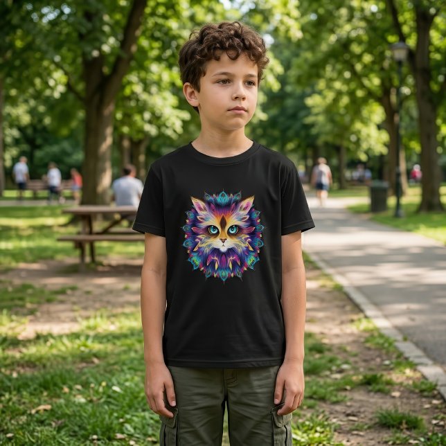 Mandala with cute furry Cat portrait  T-Shirt (Mandala with cute furry Cat portrait. Boy Basic Black T-Shirt)