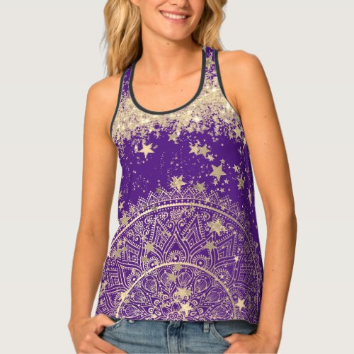  Mandala with Gold Stars Glitter on Purple Tank Top