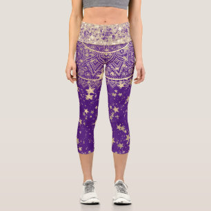 Mandala with Gold Stars Glitter Purple Capri Leggings