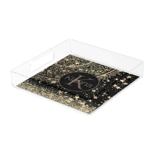  Mandala with Gold Stars Monogram Personalized Acrylic Tray