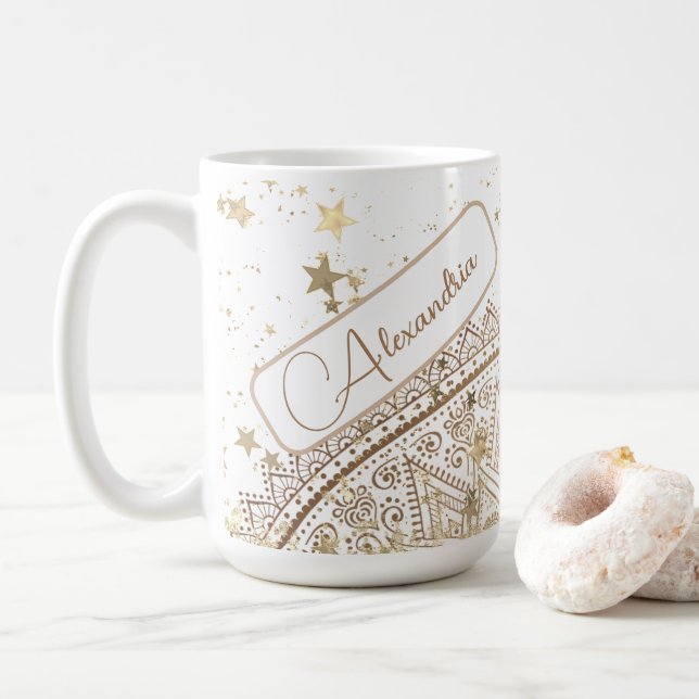 Mandala with Gold Stars on White Personalized Coffee Mug (With Donut)