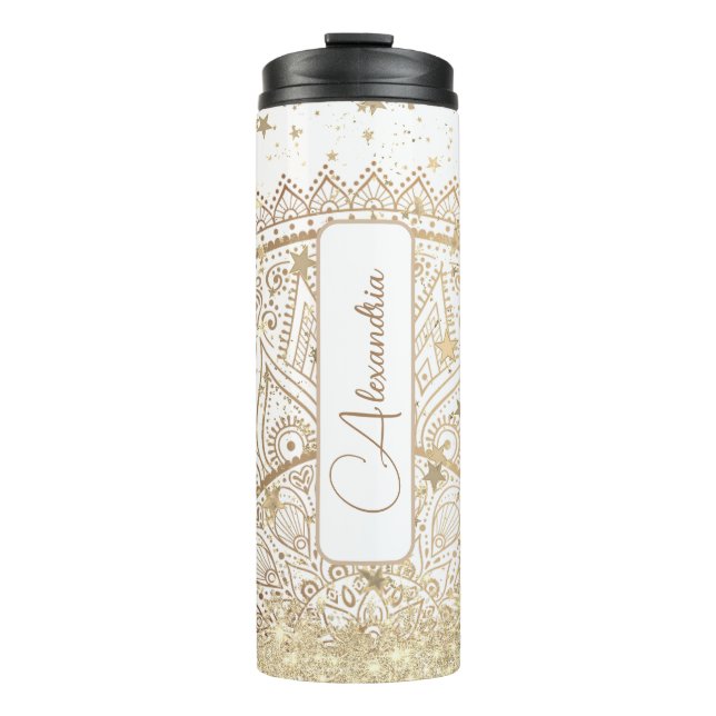  Mandala with Gold Stars on White Personalized Thermal Tumbler (Front)
