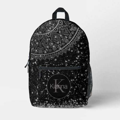  Mandala with Silver Stars on Black Personalized Printed Backpack