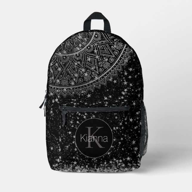  Mandala with Silver Stars on Black Personalized Printed Backpack (Front)