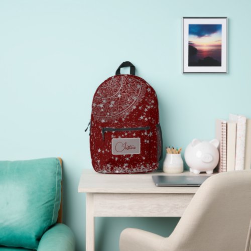  Mandala with Silver Stars on Red Persononalized Printed Backpack