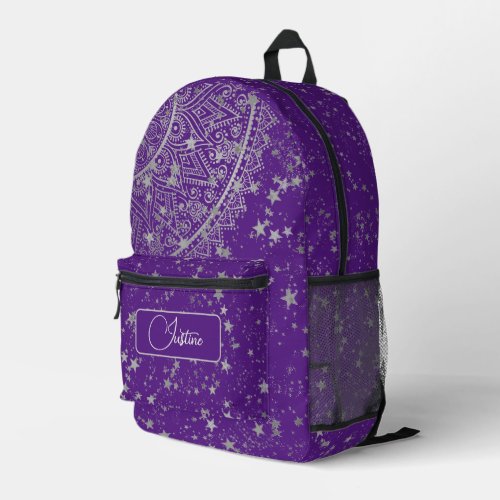 Mandala with Silver Stars Purple Personalized     Printed Backpack