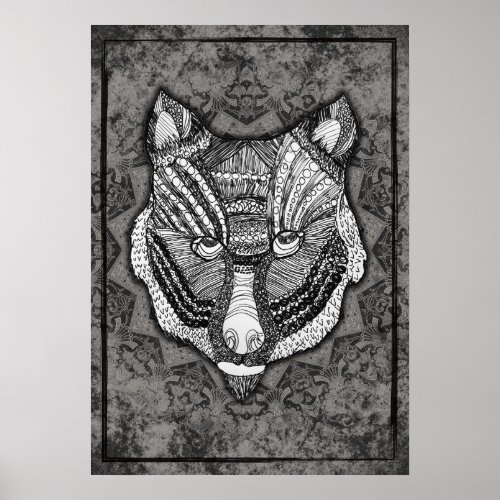Mandala Wolf Animal Head Grey Portrait Tattoo Poster