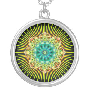 Mandala yellow green   black silver plated necklace