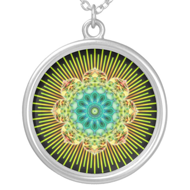 Mandala yellow green | black silver plated necklace (Front)