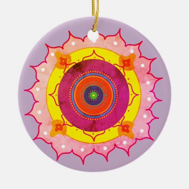 Mandala Yellow Pink Ceramic Ornament (Front)