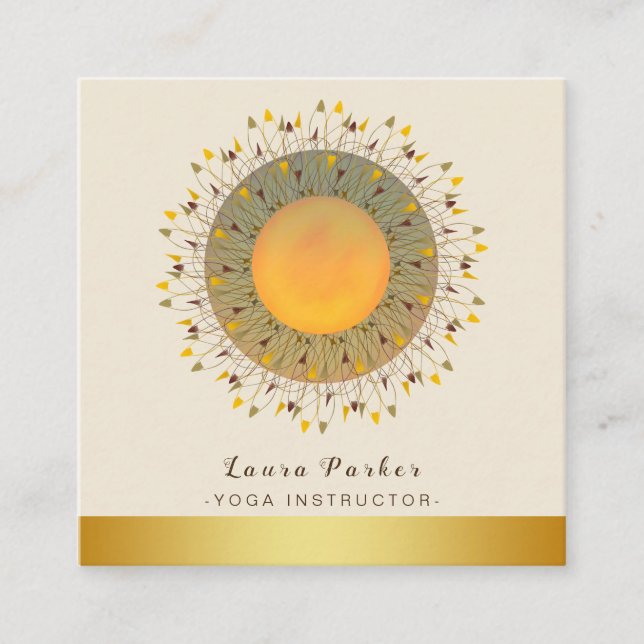 Mandala Yoga Instructor Classic  Lotus Floral Gold Square Business Card (Front)