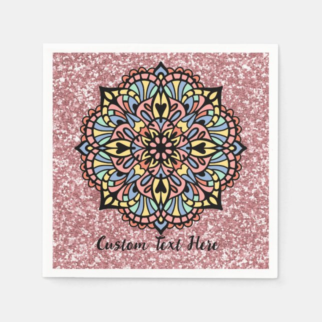Mandala Zen Yoga Meditation Pastel Pink Glitter Napkins (Front)