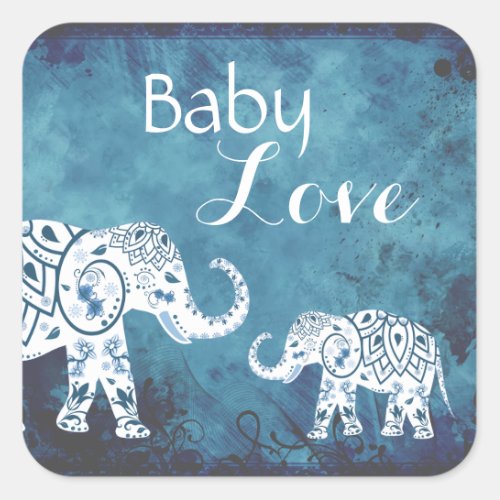 Mandalas and Elephants Baby Love Boys Baby Shower Square Sticker