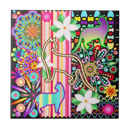 Mandalas Cats  Flowers Fantasy Pattern Ceramic Tile