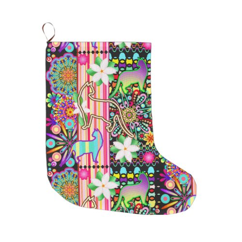 Mandalas Cats  Flowers Fantasy Pattern Large Christmas Stocking