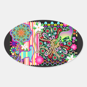 Mandalas, Cats & Flowers Fantasy Pattern Oval Sticker