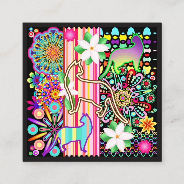 Mandalas, Cats & Flowers Fantasy Pattern Square Business Card (Front)