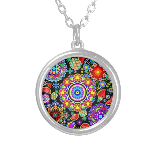 Mandalas & Exotic Fruits Pattern   Silver Plated Necklace (Front)
