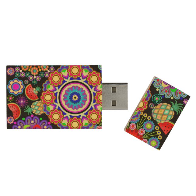 Mandalas & Exotic Fruits Pattern   Wood Flash Drive (Opened)