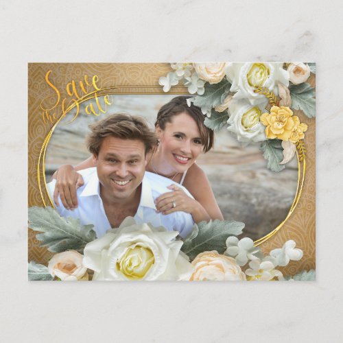 Mandalas in Gold white roses photo frame Announcement Postcard