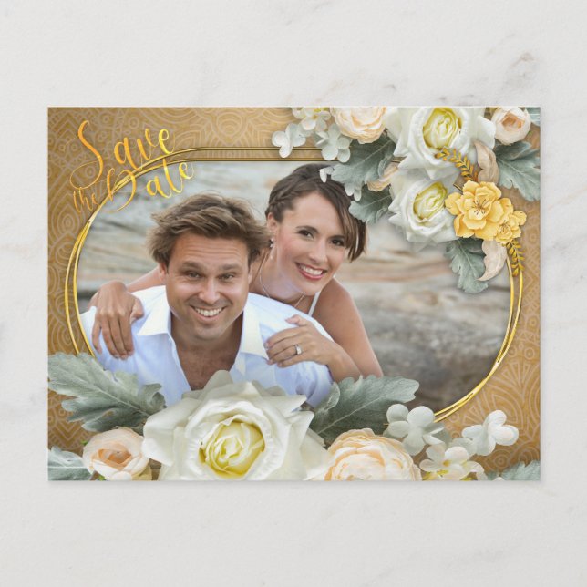 Mandalas in Gold, white roses photo frame Announcement Postcard (Front)