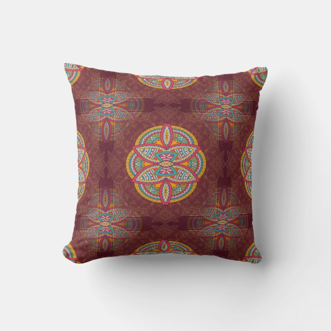 Mandalas in mixed Maroon repeat patterns Throw Pillow (Front)