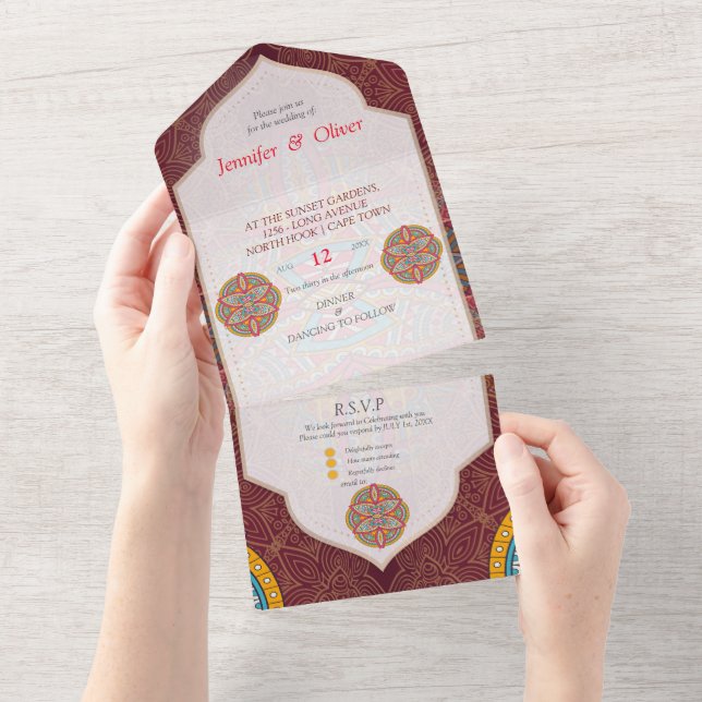 Mandalas on a Maroon background  All In One Invitation (Tearaway)