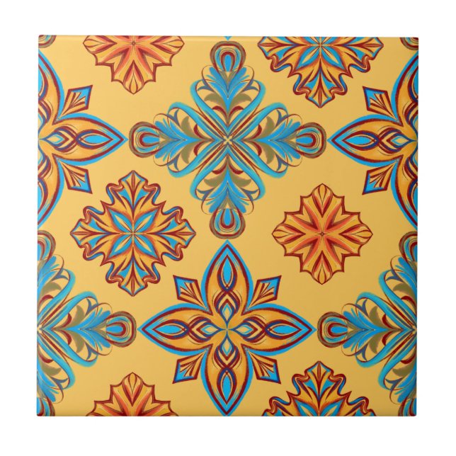 Mandalas on amber yellow ceramic tile (Front)
