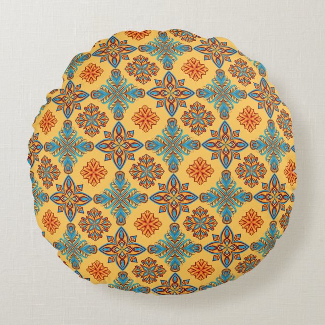 Mandalas on amber yellow round pillow (Front)