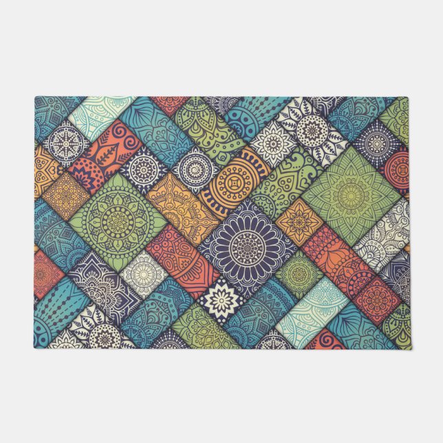 Mandalas squares rectangles muted colors doormat (Front)
