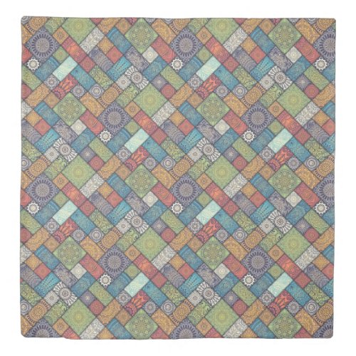 Mandalas squares rectangles muted colors pattern duvet cover