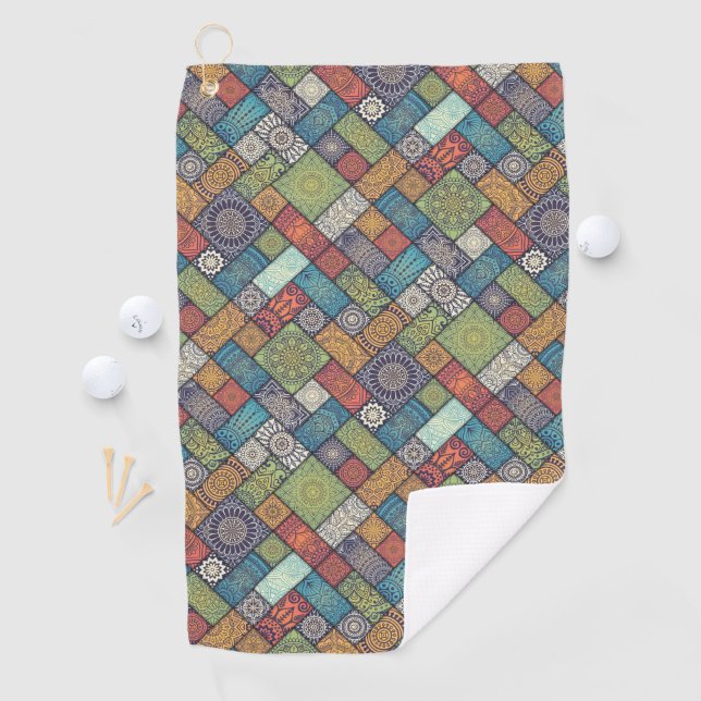 Mandalas squares rectangles muted colors pattern golf towel (InSitu)